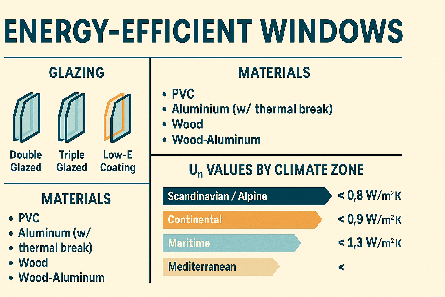 Infographic matching window types and materials to European climate zones