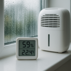 Close-up of hygrometer and dehumidifier